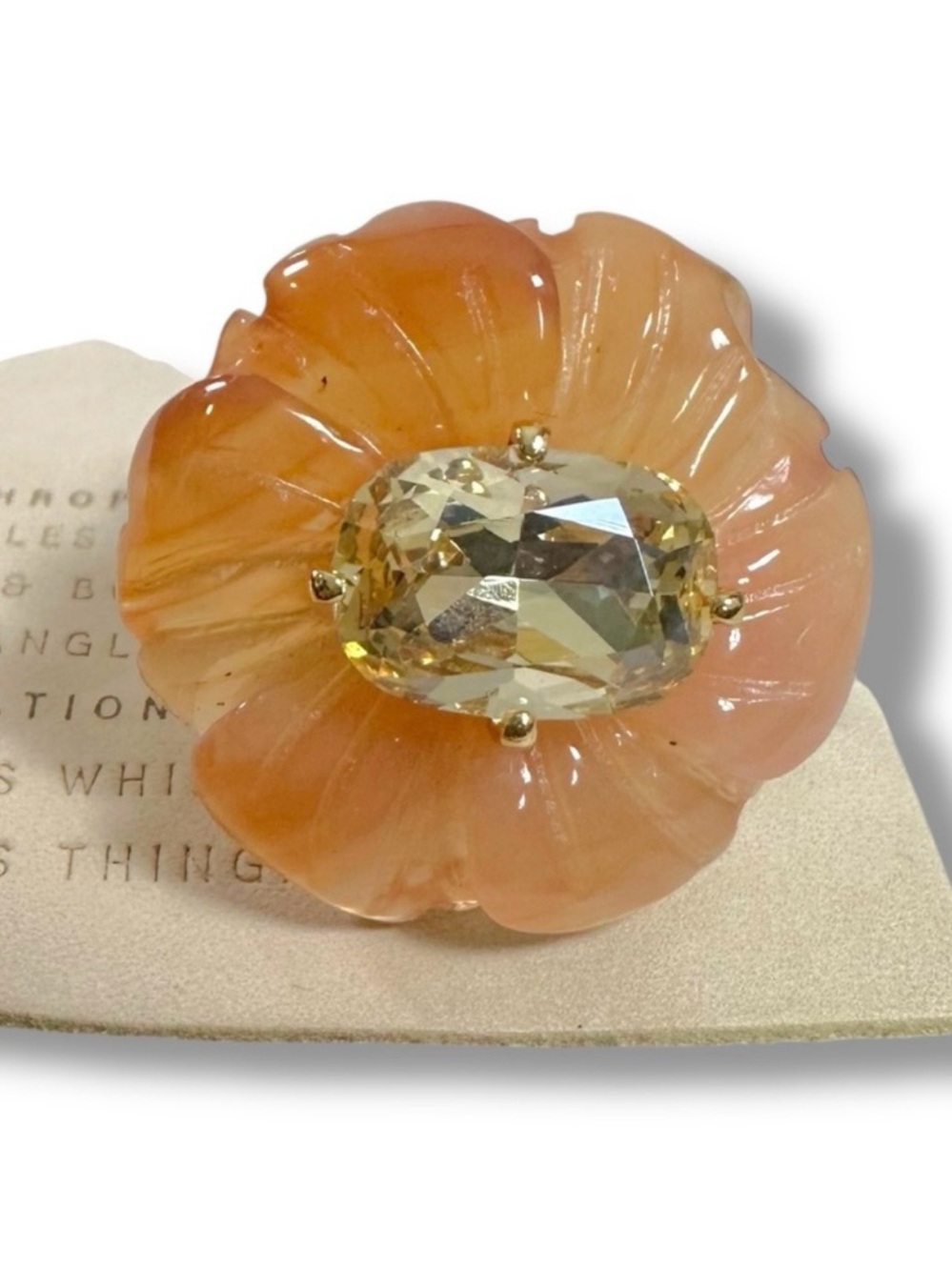 Anthropologie Floral Flower Crystal Statement Cocktail Ring Gold Plated Brass